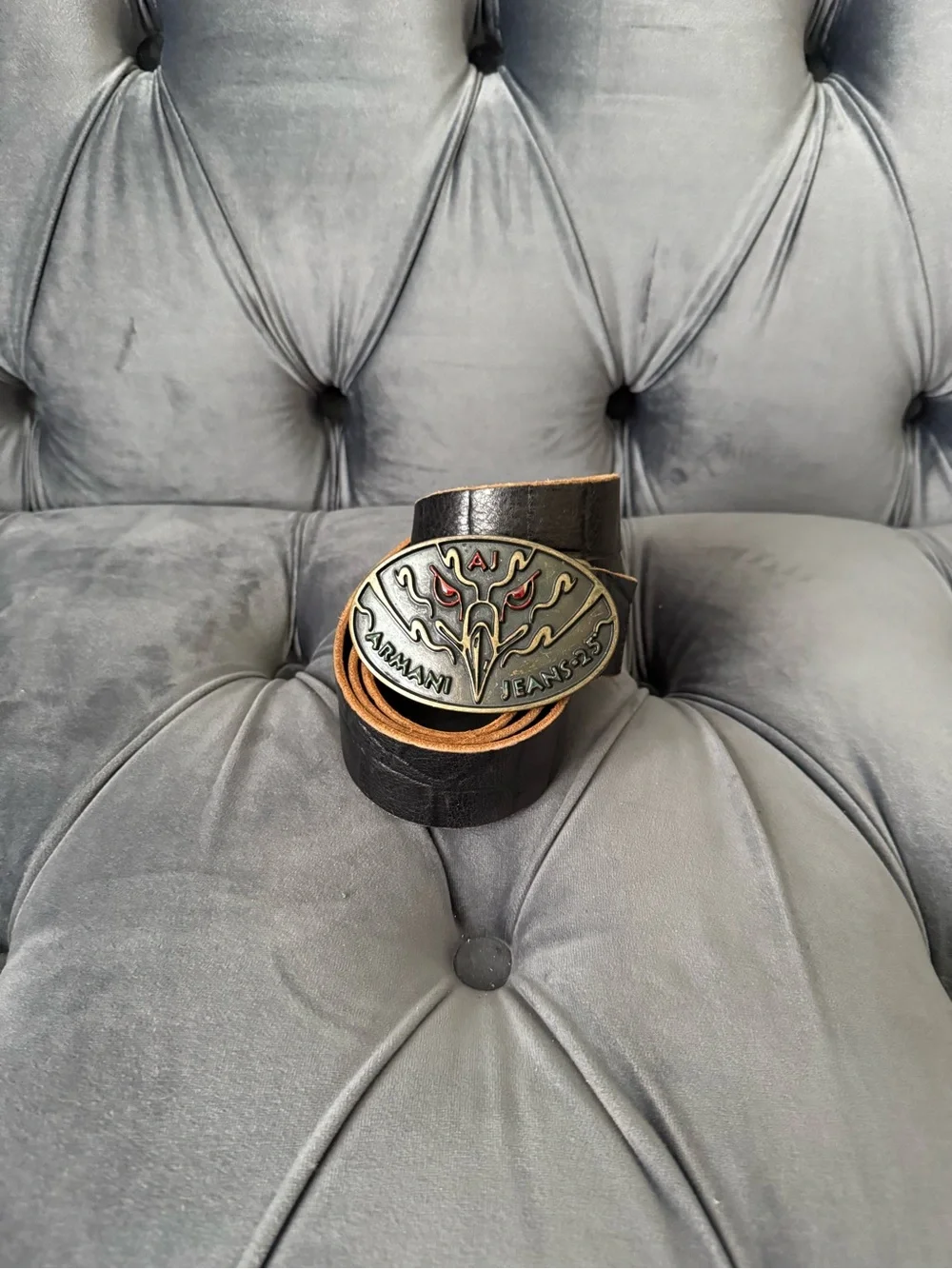 Vintage Y2K Armani Jeans Black Leather Belt with Brass Eagle Buckle